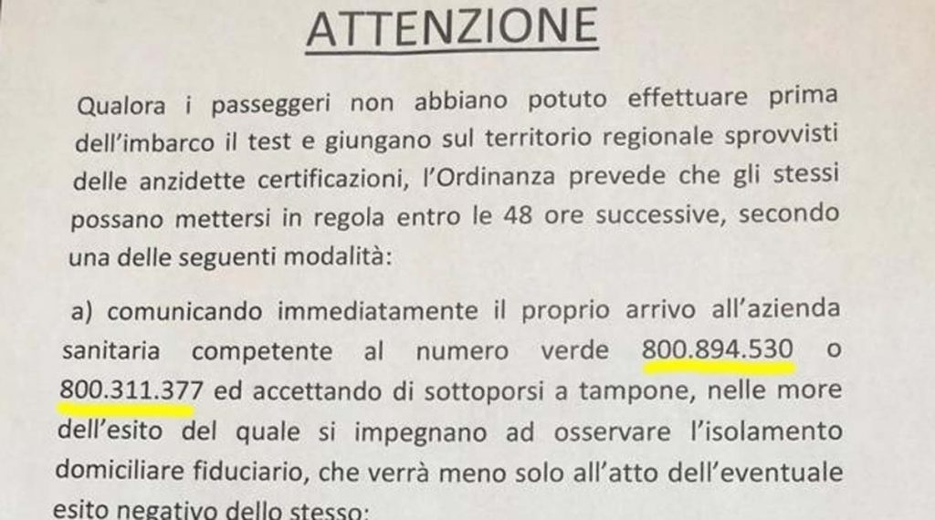 Numeri da chiamare per fare il test Covid se sei appena arrivato in Sardegna