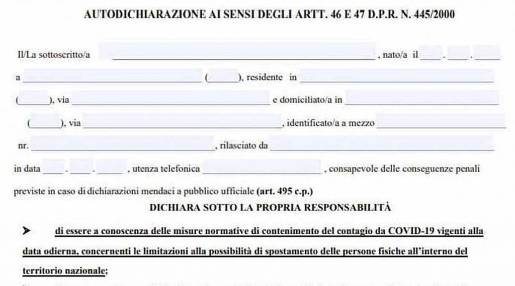 Autocertificazione per gli spostamenti durante il coprifuoco