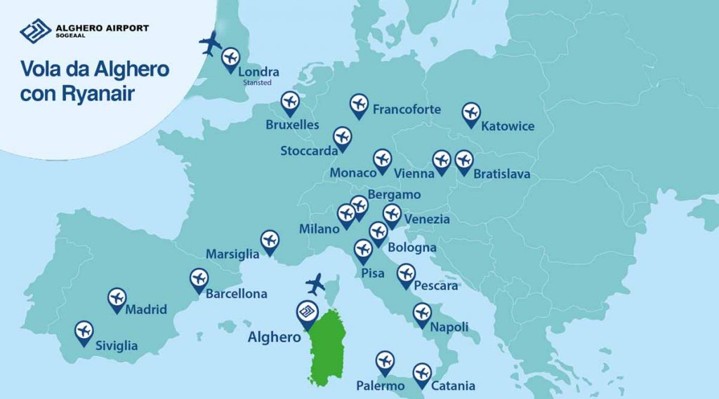 Rotte Ryanair da e per Alghero nell'estate 2021
