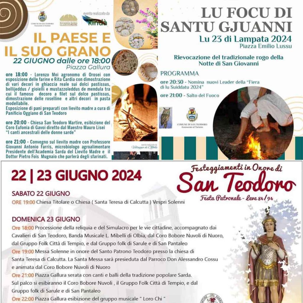 Eventi weekend 22 e 23 giugno 2025 a San Teodoro. manifesti con i programmi