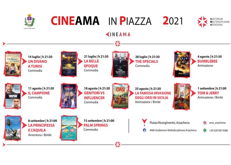 Cinema in piazza ad Arzachena, programmazione estate 2021
