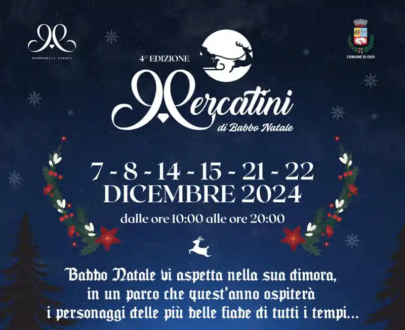 Villaggio di Babbo Natale Ossi 2024, manifesto con programma, date e orari di apertura