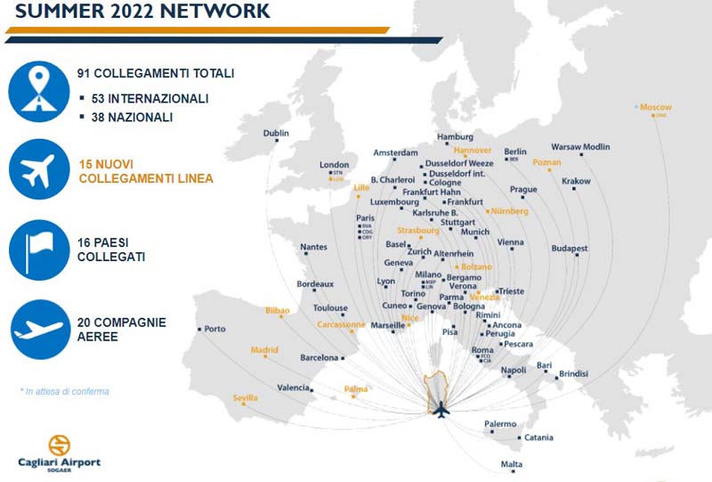 Mappa dei voli dell'aeroporto di Cagliari nella primavera estate 2022
