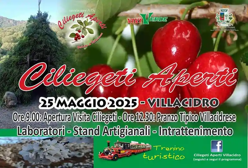 Ciliegeti aperti 2025 a Villacidro, manifesto con programma, data, menù e orari eventi | Sardegna in blog