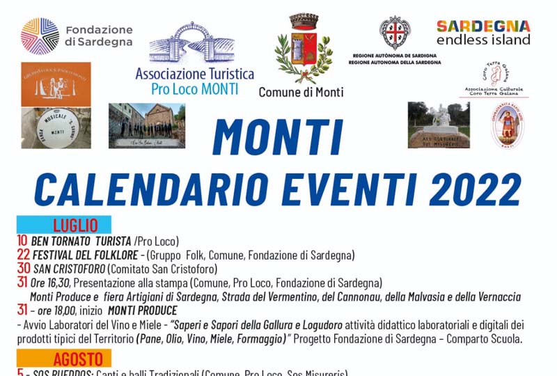 Manifesto e programma degli eventi di luglio e agosto 2022 a Monti, in Sardegna