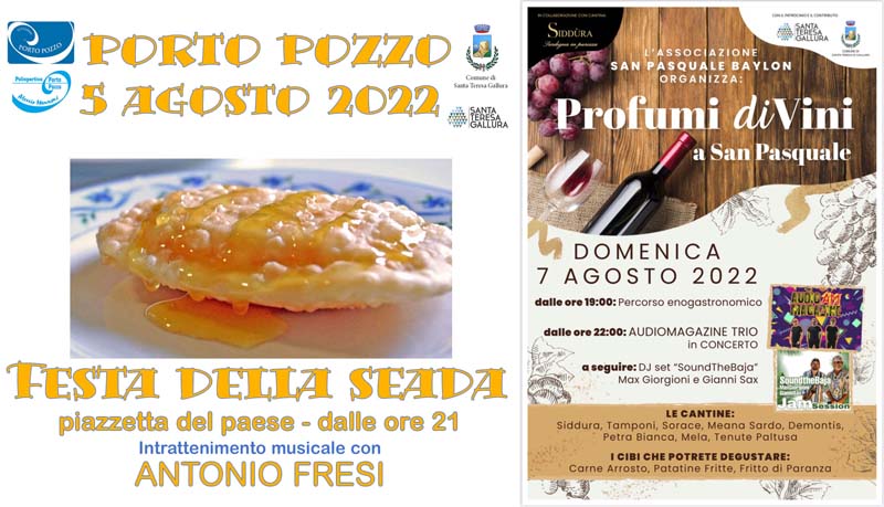 Festa seadas e degustazione vini 2022 a Santa Teresa Gallura, manifesti