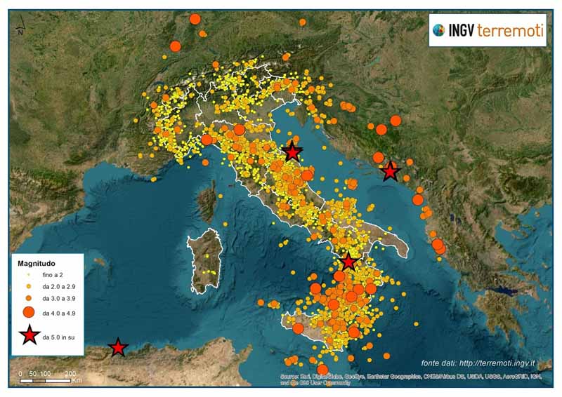 Cartina dei terremoti in Italia e in Sardegna nel 2022