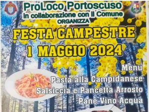 Festa campestre del 1 maggio 2024 a Portoscuso, manifesto con menù