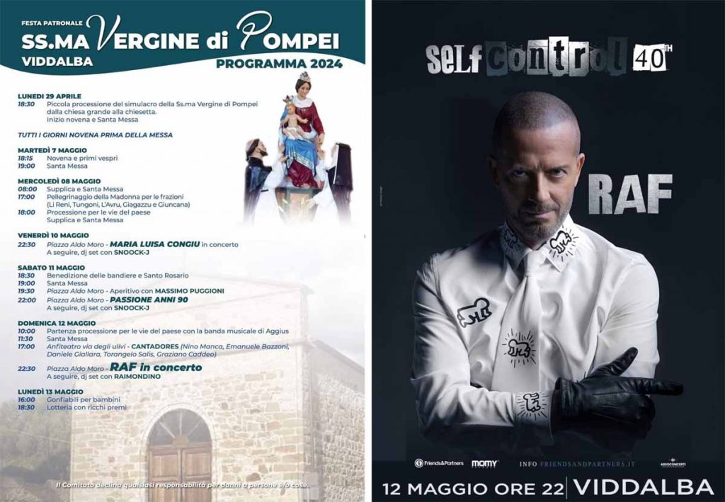 Festa patronale di Viddalba, programma 2024 con il concerto di RAF. Manifesti.