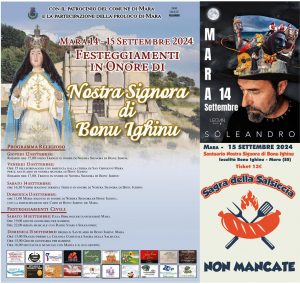 Programma festa di Bonu Ighinu 2024 a Mara, manifesti
