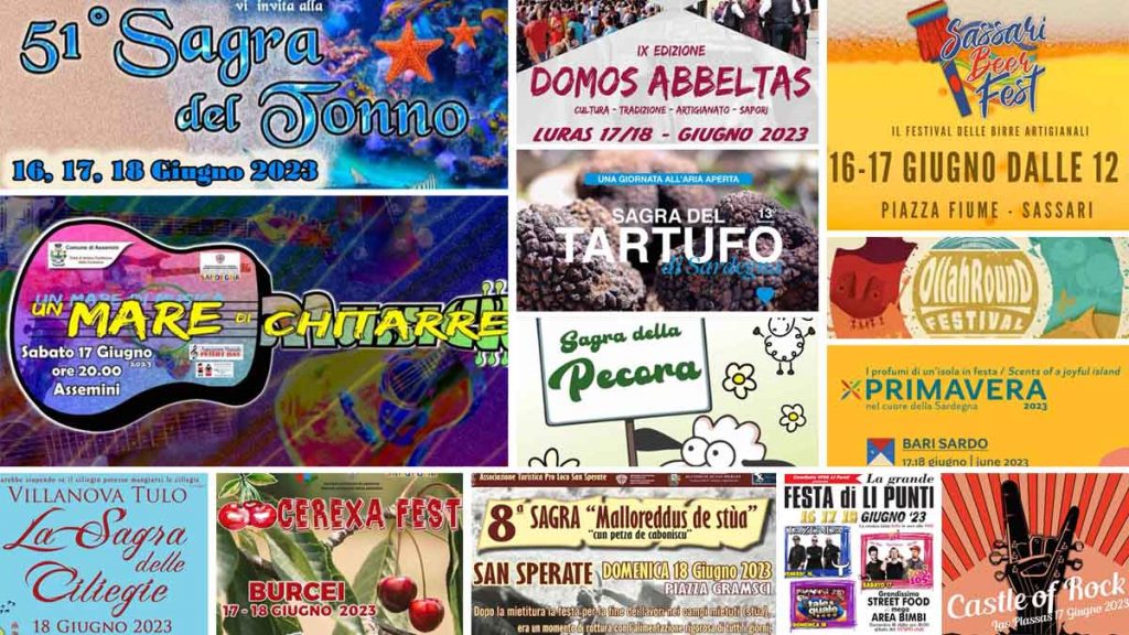 Eventi e sagre del 17 e 18 giugno 2023 in Sardegna, manifesti