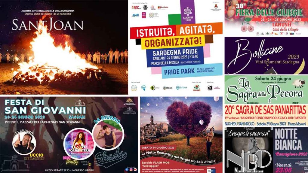 Eventi e sagre del 23, 24 e 25 giugno 2023 in Sardegna, manifesti