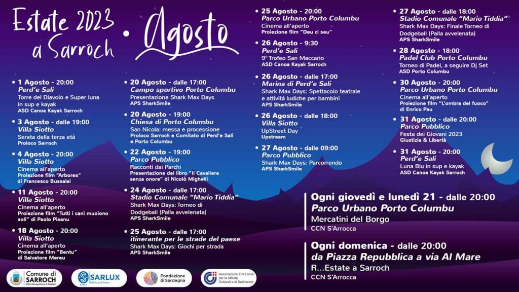 Calendario eventi di agosto 2023 a Sarroch, in Sardegna