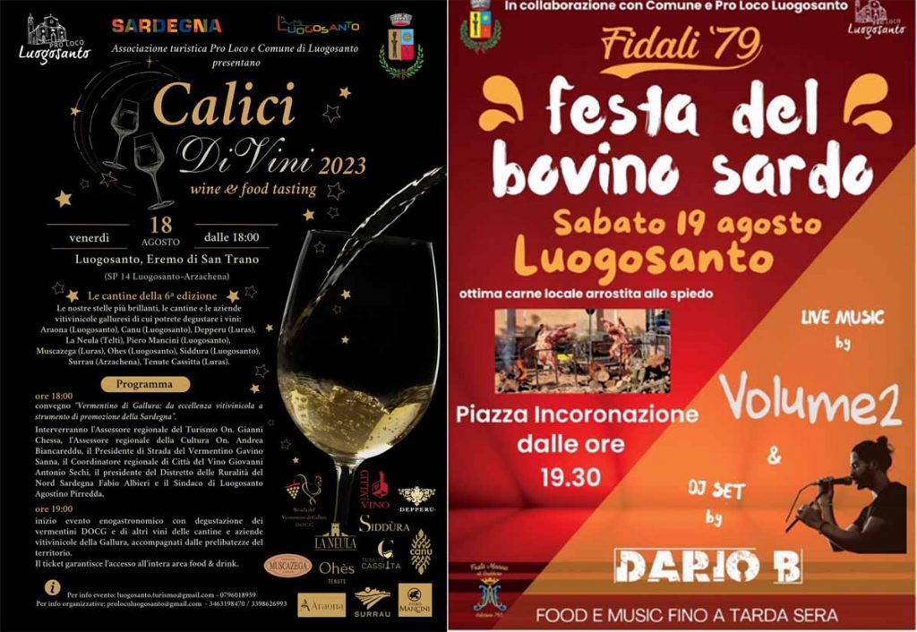 Programma e manifesti di Calici di Vini e Festa del bovino Sardo 2023 a Luogosanto
