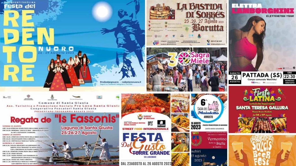 Eventi e sagre del 25, 26 e 27 agosto 2023 in Sardegna, manifesti