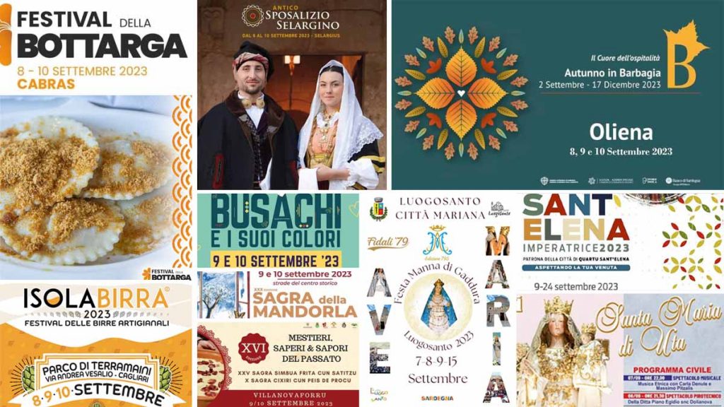 Eventi e sagre dell' 8, 9 e 10 settembre 2023 in Sardegna, manifesti
