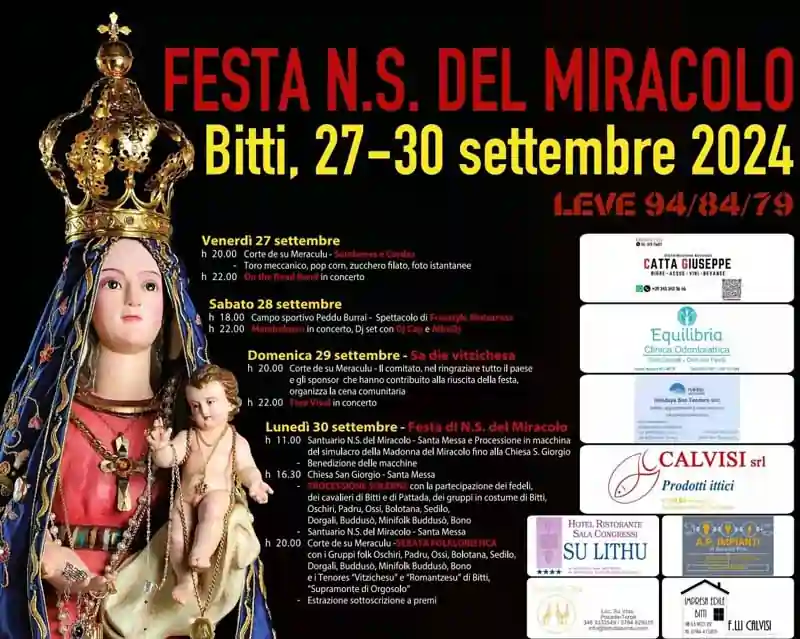 Festa Nostra Signora del Miracolo Bitti 2024, date e programma, manifesti