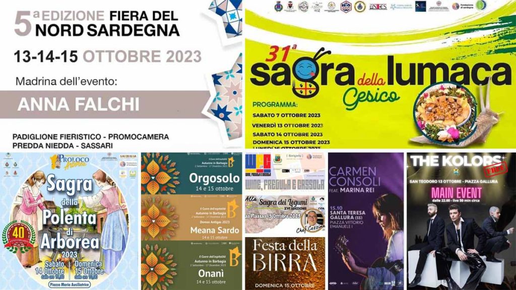 Eventi e sagre del 13, 14 e 15 ottobre 2023 in Sardegna, manifesti
