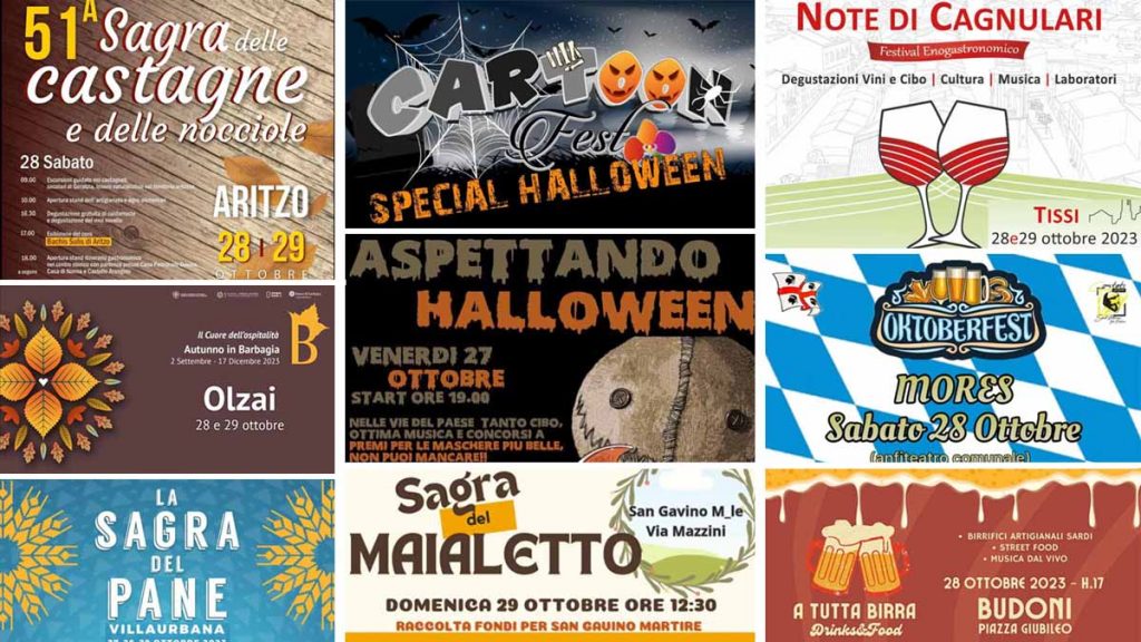 Eventi e sagre del 27, 28 e 29 ottobre 2023 in Sardegna, manifesti