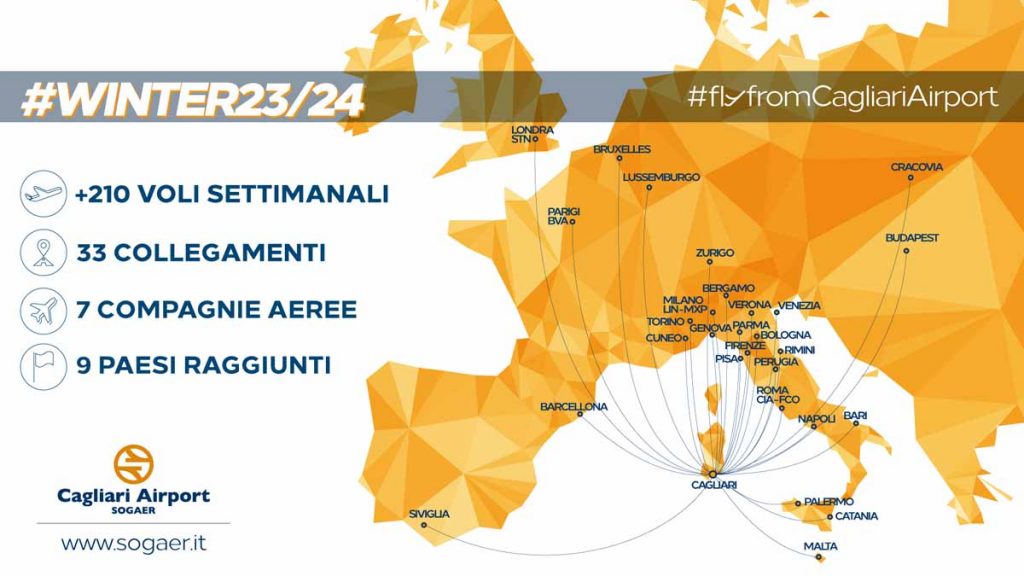 Mappa rotte aeroporto di Cagliari nell'inverno 2023/24