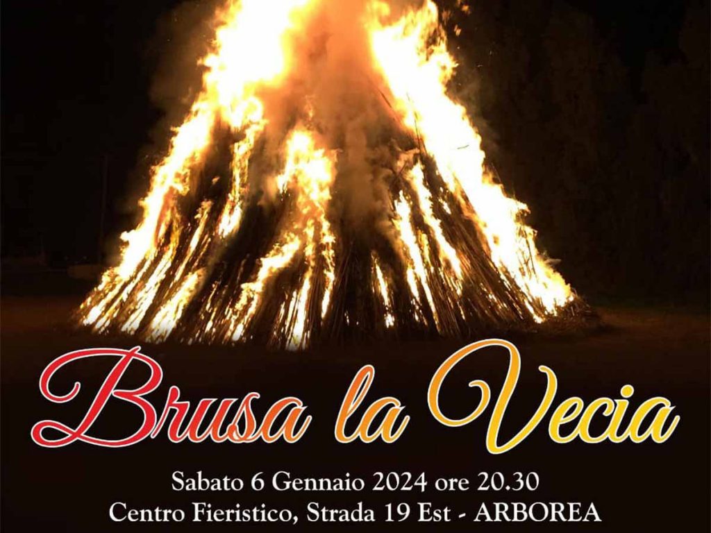 Brusa la vecia Arborea 2024, foto falò e data e manifesto