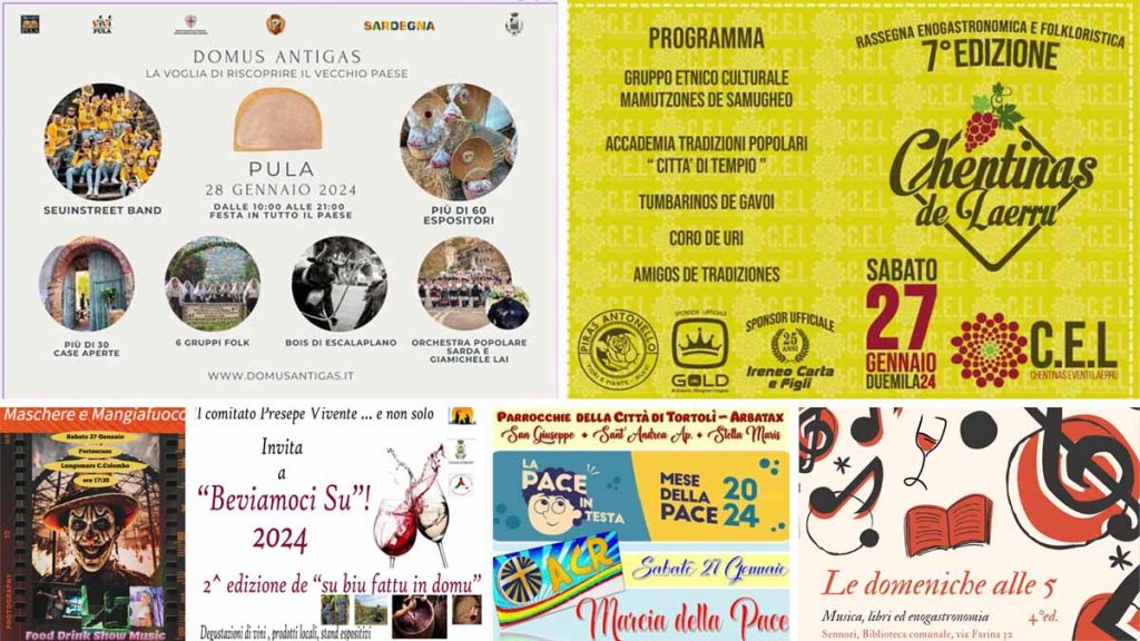 Eventi e sagre del 26, 27 e 28 gennai 2024 in Sardegna, manifesti e programmi