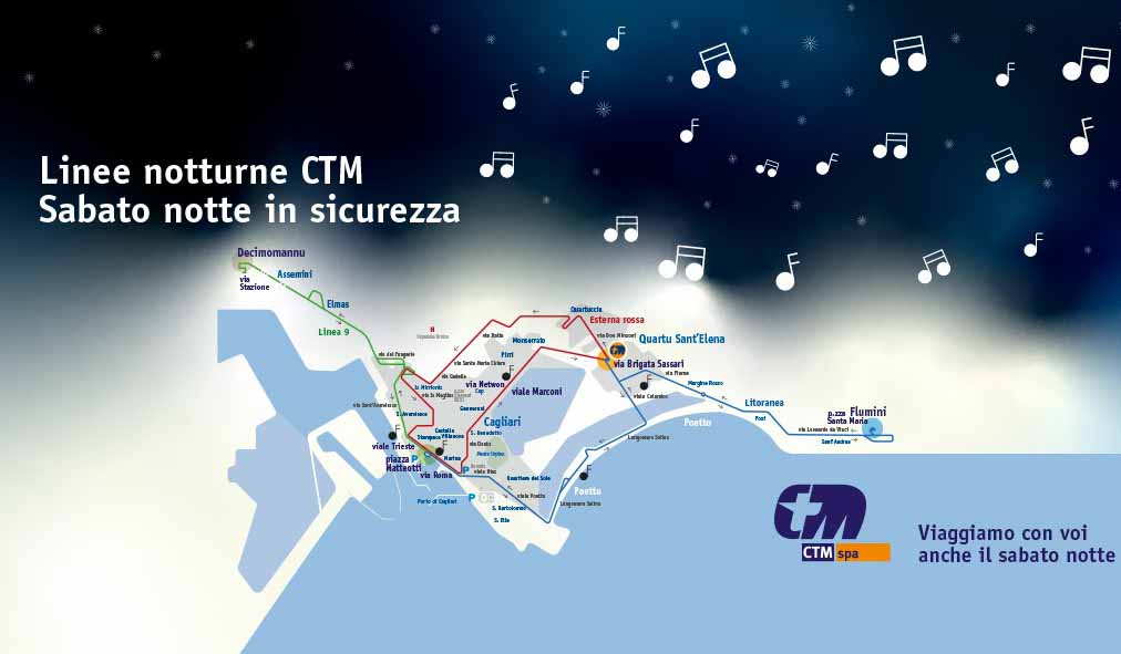 Cartina linee notturne del CTM nella città metropolitana di Cagliari