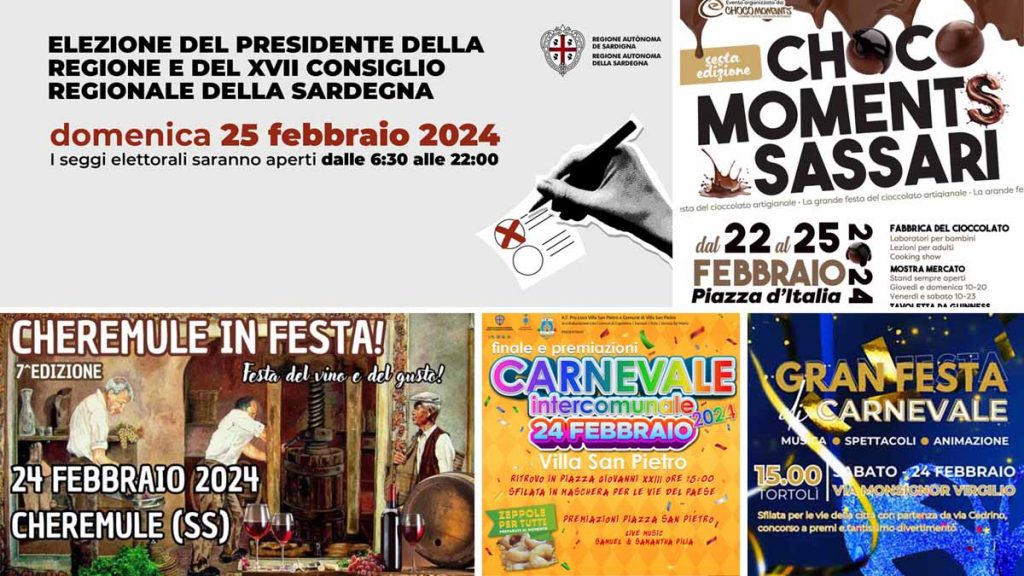 Eventi e sagre del 23, 24 e 25 febbraio 2024 in Sardegna, manifesti