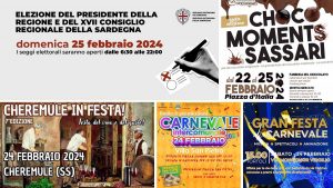 Eventi e sagre del 23, 24 e 25 febbraio 2024 in Sardegna, manifesti