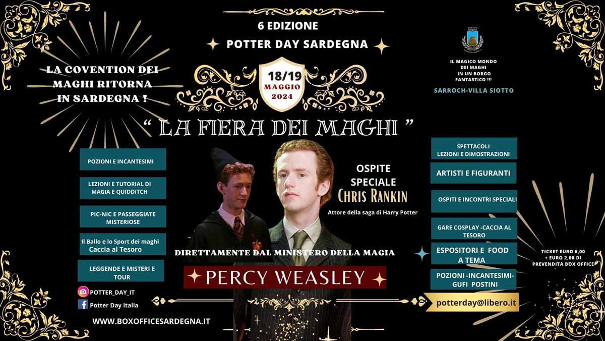 Manifesto con date e programma del Potter Day 2024 in Sardegna, la fiera dei maghi!