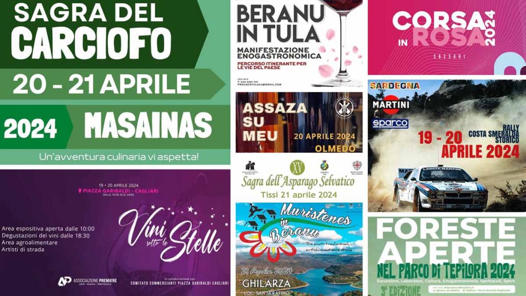 Eventi e sagre del 19, 20 e 21 aprile 2024 in Sardegna, manifesti