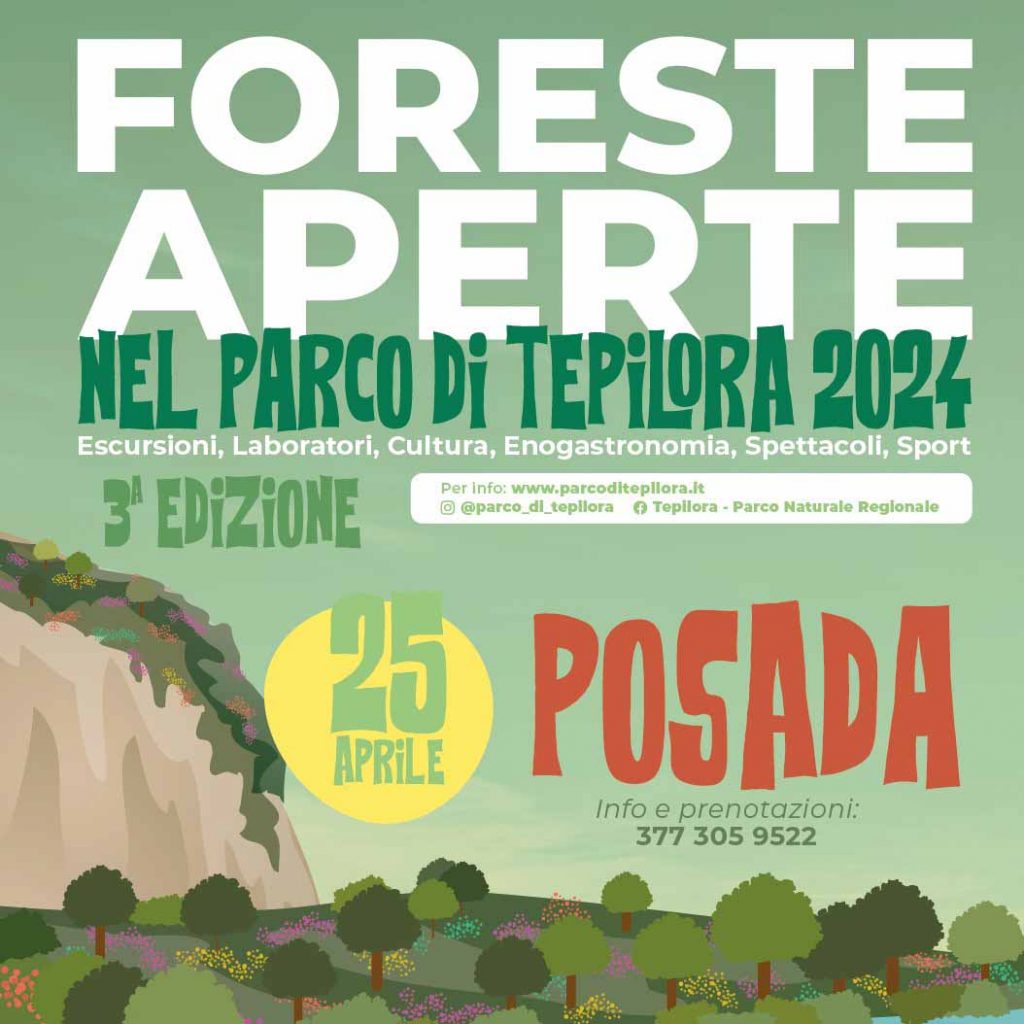 Foreste aperte nel parco di Tepilora a Posada, manifesto con date e contatti