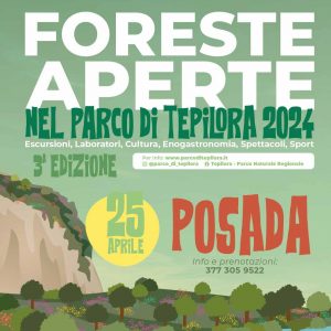 Foreste aperte nel parco di Tepilora a Posada, manifesto con date e contatti