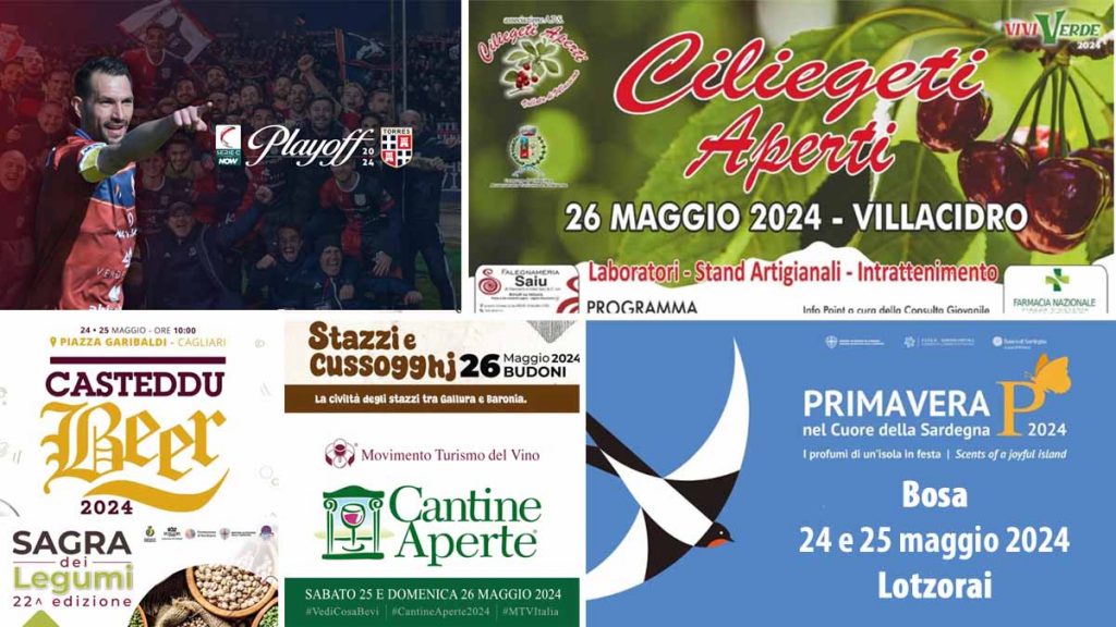 Eventi e sagre del 24, 25 e 25 maggio 2024 in Sardegna, manifesti