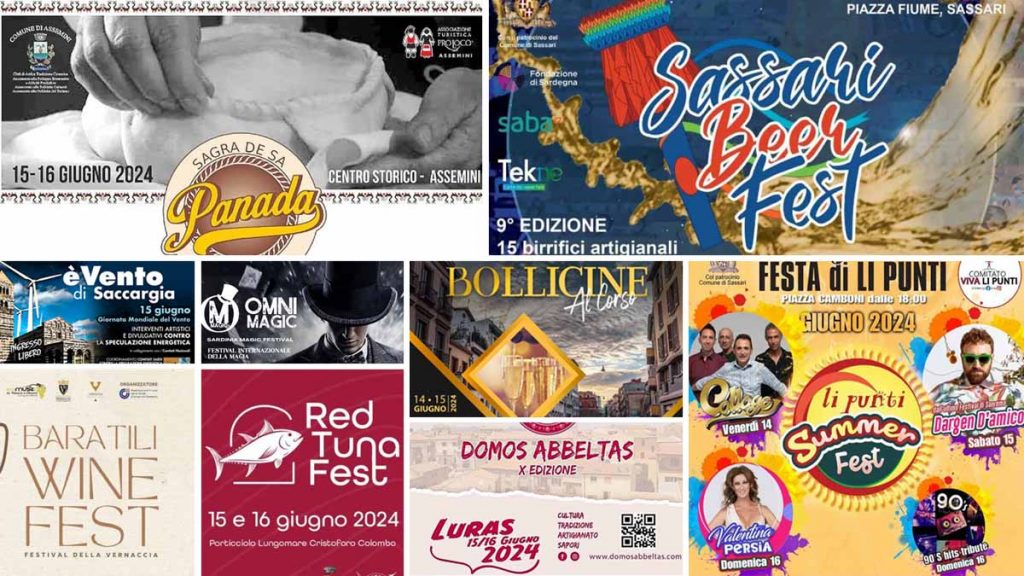 Eventi e sagre del 13, 14 e 15 giugno 2024 in Sardegna, manifesti