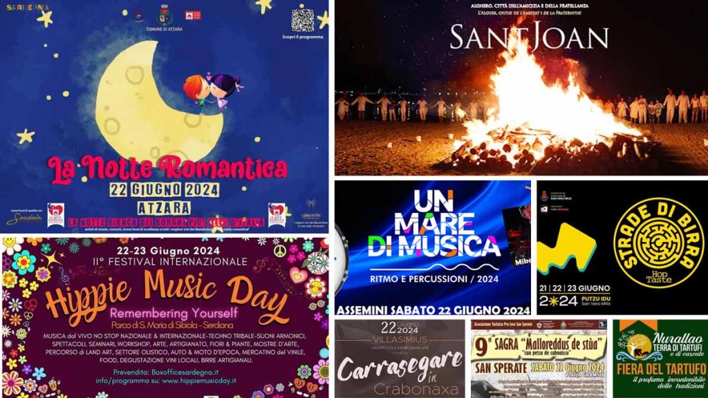 Eventi e sagre del 21, 22 e 23 giugno 2024 in Sardegna, manifesti