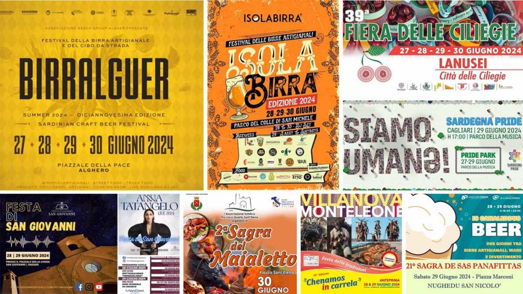 Eventi e sagre del 28, 29, 30 giugno 2024 in Sardegna. manifesti