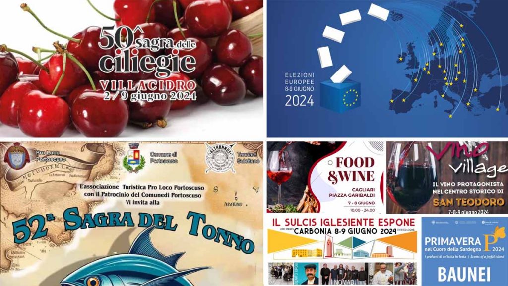 Eventi e sagre del 7,8 e 9 giugno 2024 in Sardegna, manifesti