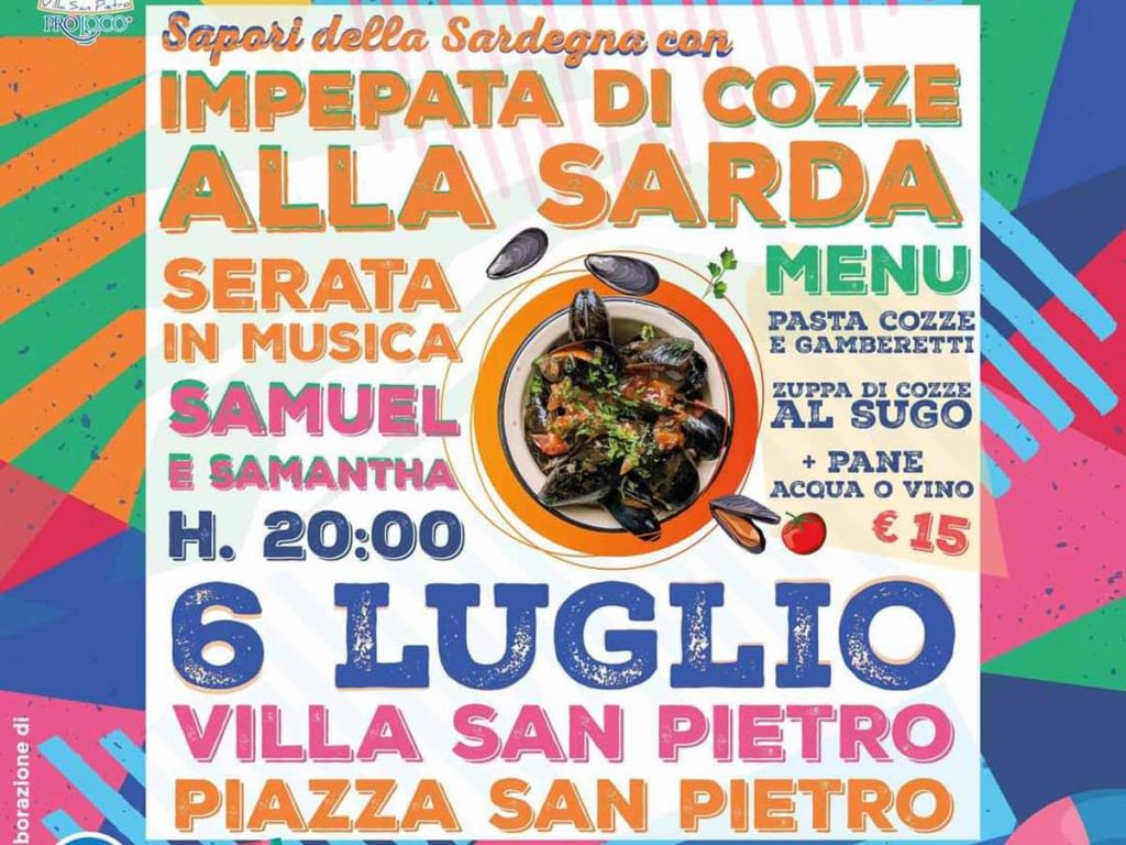 Impepata di cozze alla sarda a villa San Pietro, manifesto con data e programma 2024