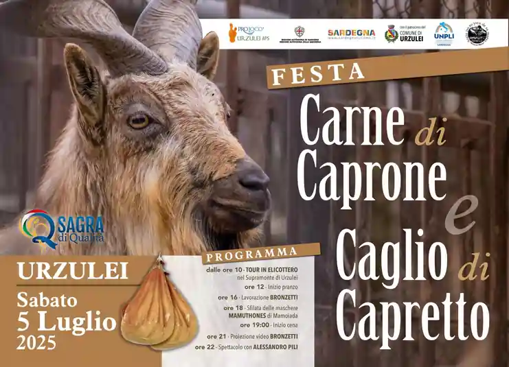 Sagra del caglio di capretto e carne di caprone a Urzulei, manifesto, con date e programma 2025 | Sardegna in blog