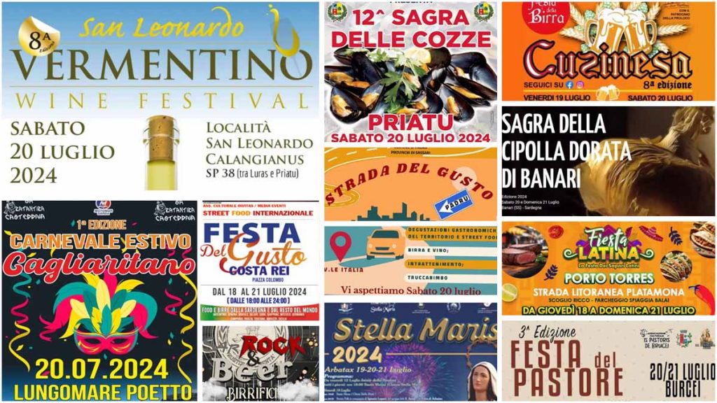 Eventi e sagre del 20 e 21 luglio 2024 in Sardegna, manifesti