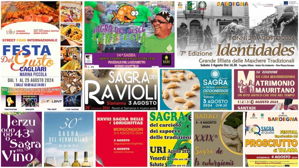 Eventi e sagre del 2, 3, 4 agosto in Sardegna, manifesti