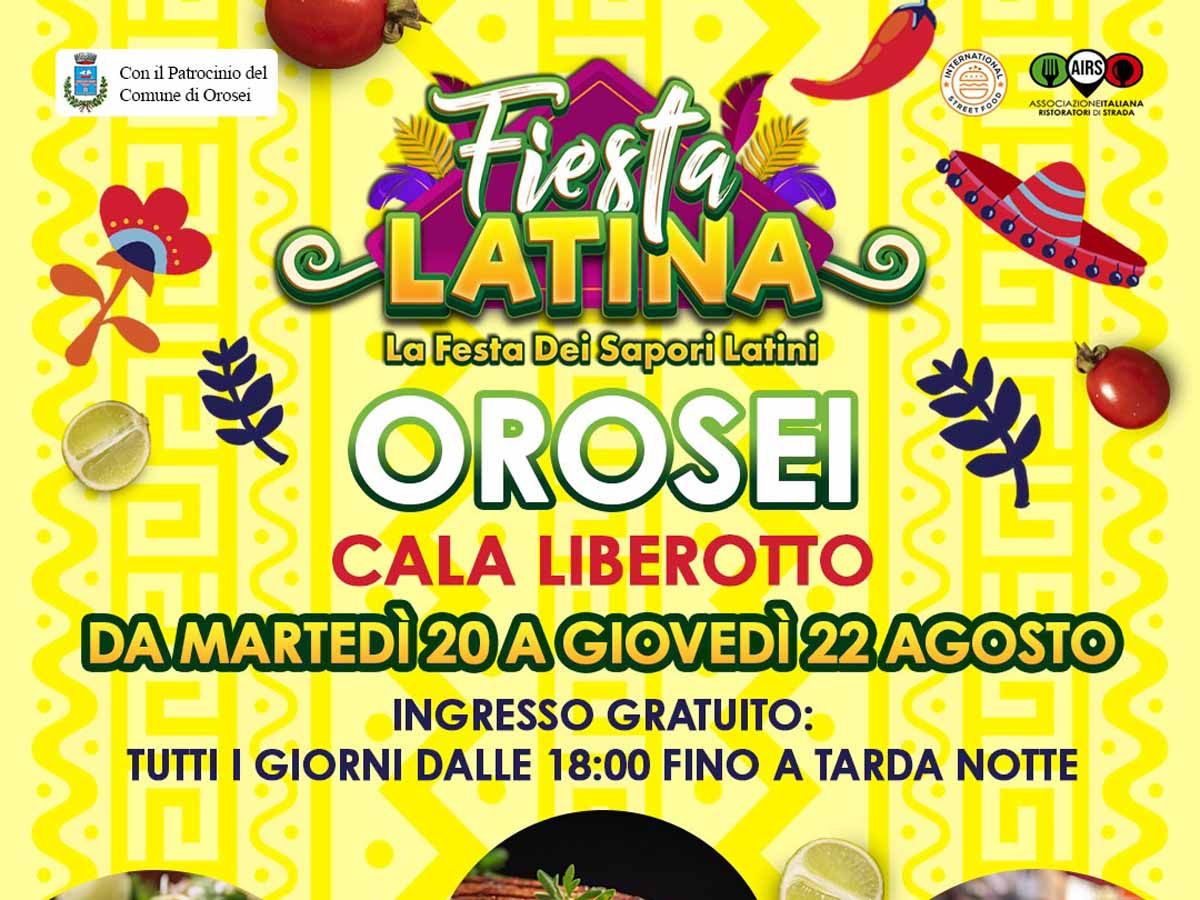 Fiesta Latina a Cala Liberotto, Orosei. Manifesto con programma e date