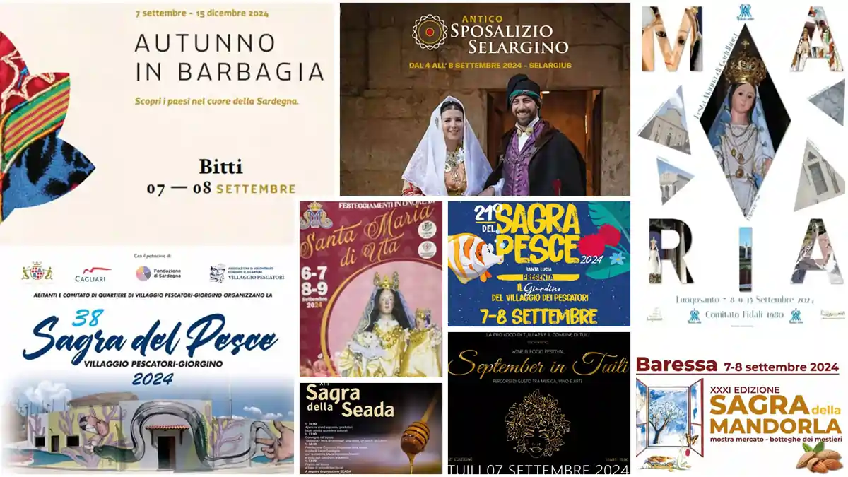 Eventi e sagre del 6, 7 e 8 settembre 2024 in Sardegna, manifesti