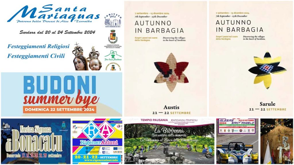 Eventi e sagre del 20, 21 e 22 settembre 2024 in Sardegna, manifesti
