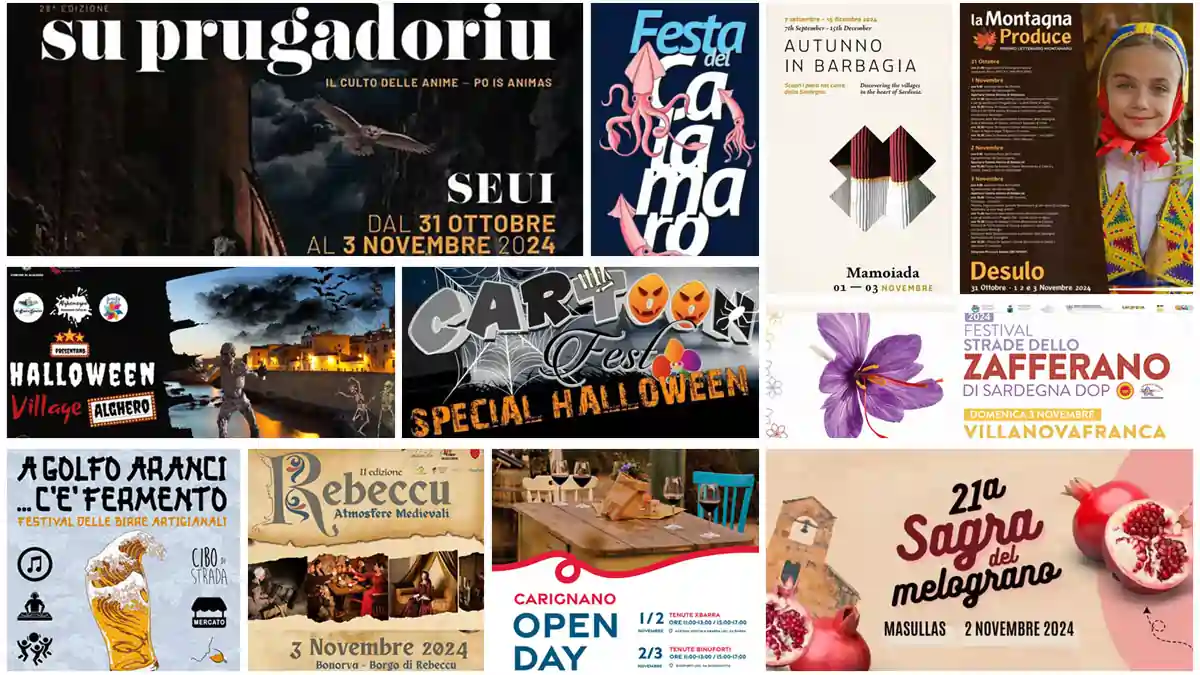 Eventi e sagre dell' 1, 2 e 3 novembre 2024 in Sardegna, manifesti