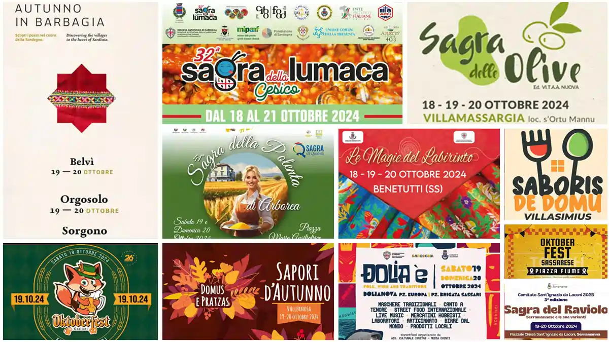 Eventi e sagre del 18, 19 e 20 ottobre 2024 in Sardegna, programmi e manifesti