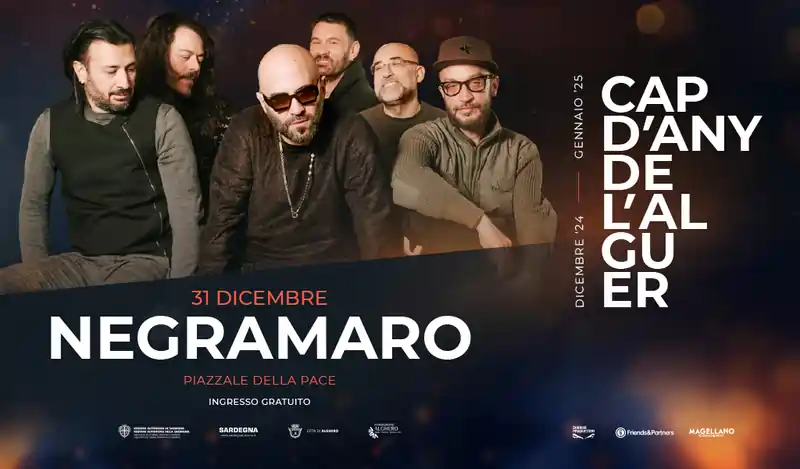 Capodanno Alghero 2025, manifesto con il programma della serata e orari concerto Negramaro