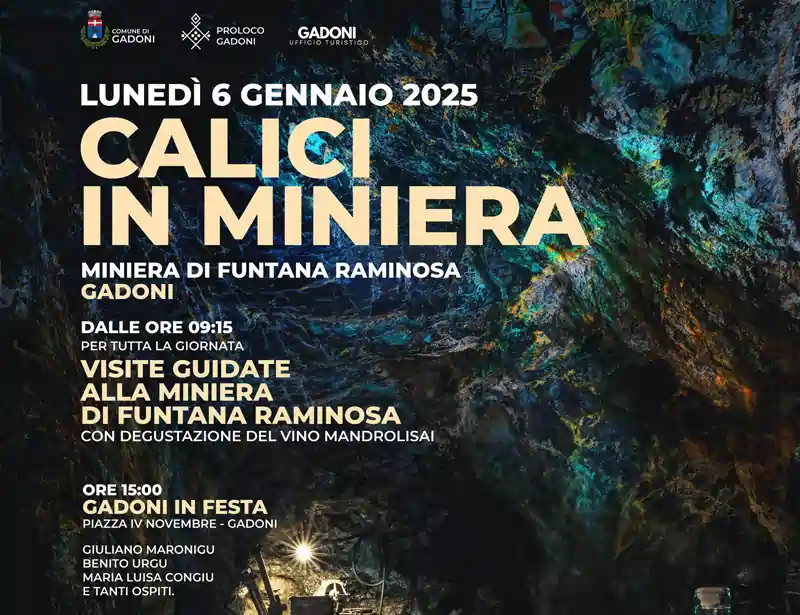 Calici in miniera Gadoni 2025, manifesto con programma e orari di eventi e degustazioni