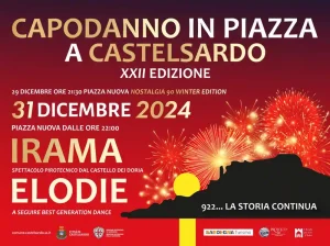 Capodanno 2025 a Castelsardo, manifesto con programma e orari dei concerti di Elodie e Irama